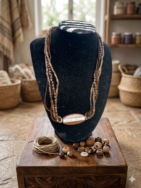 Boho Multi-Strand Brown Wood Bead Necklace with Shell Accent